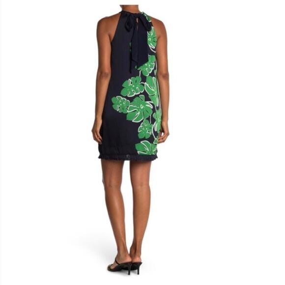 Trina Turk Hot Leaf Printed Halter Mini Dress Size 0 Navy Blue and Green - Picture 4 of 14